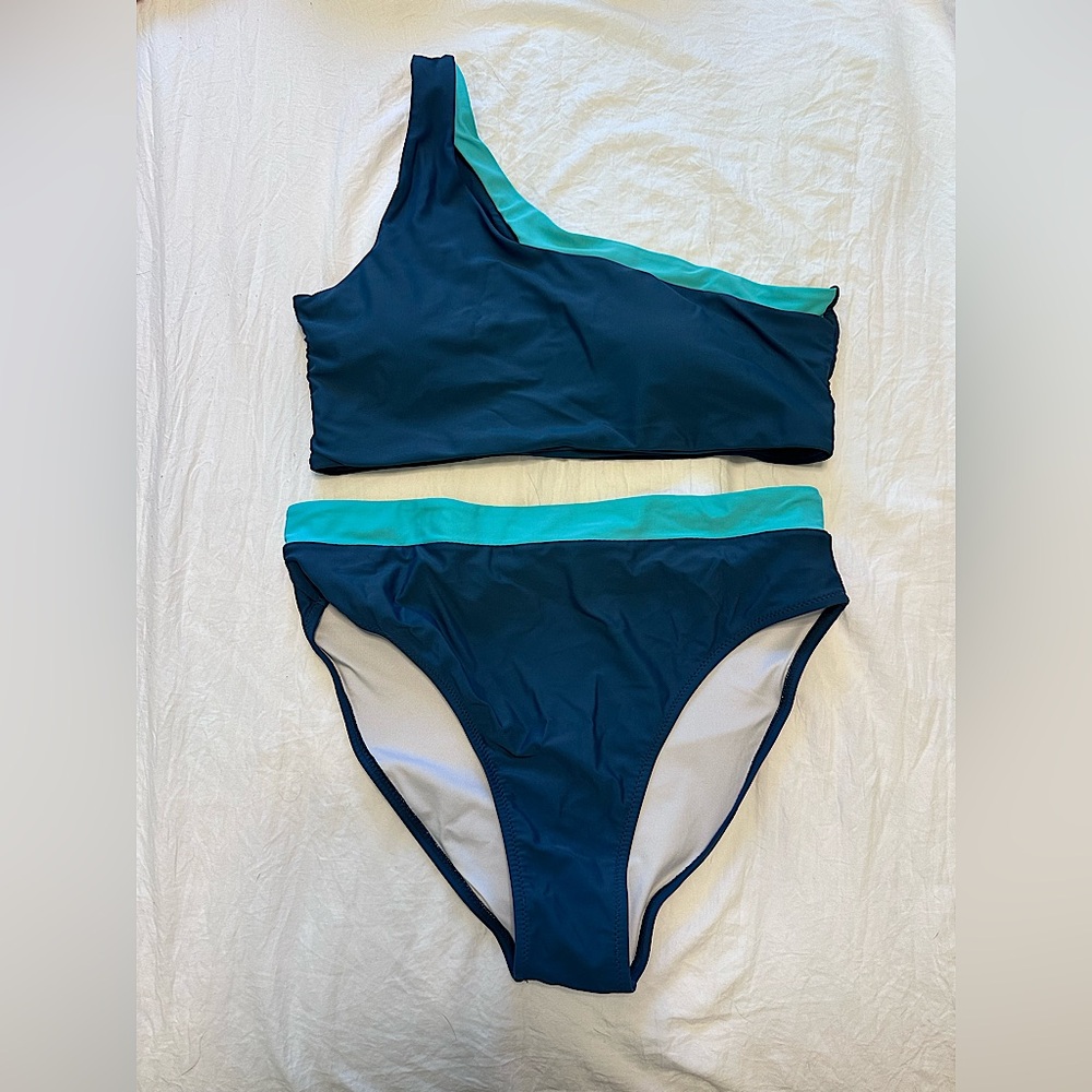 One-Shoulder Blue and Teal Bikini Set